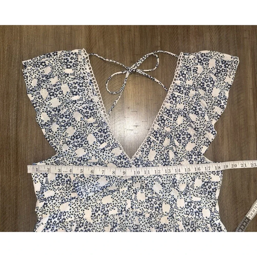 Anthropologie V-Neck Plunge Tunic Mini Blue White Floral Dress Size Medium $148